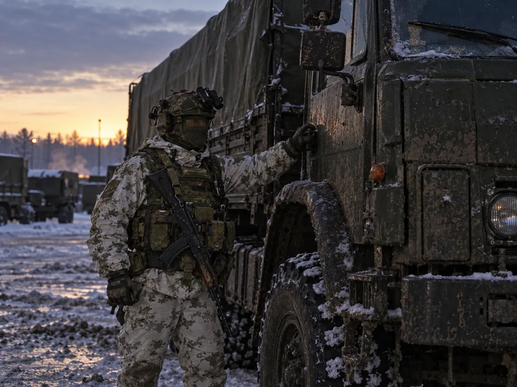 Военный водитель рядом с грузовым автомобилем