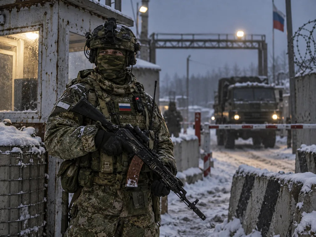 Военнослужащий охраны у контрольно-пропускного пункта