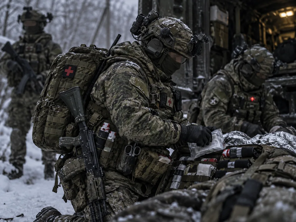 Военный медицинский специалист с медицинским снаряжением